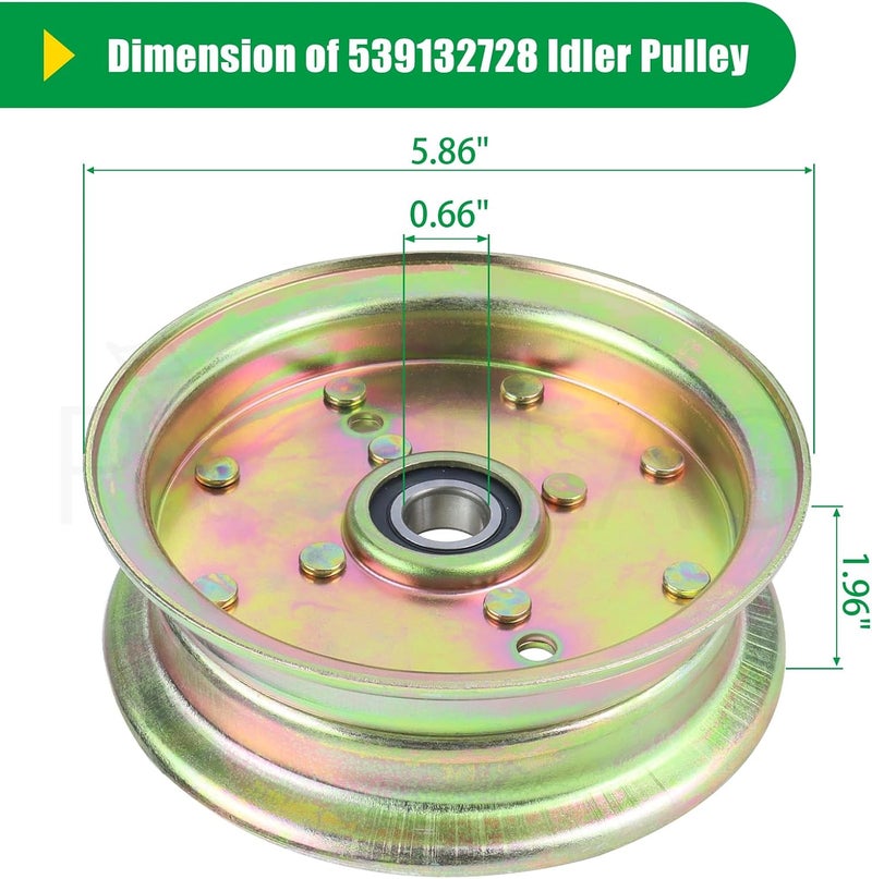 POSFLAG 2 Pack 589766102 Husqvarna Idler Pulley Replaces Husqvarna 539132728 Deck Idler Pulley, 539132728 Husqvarna Idler Pulley, 589766101, 539-132728, 539 13 27-28 for Husqvarna MZ61, RZ46I Tractors - Image 4